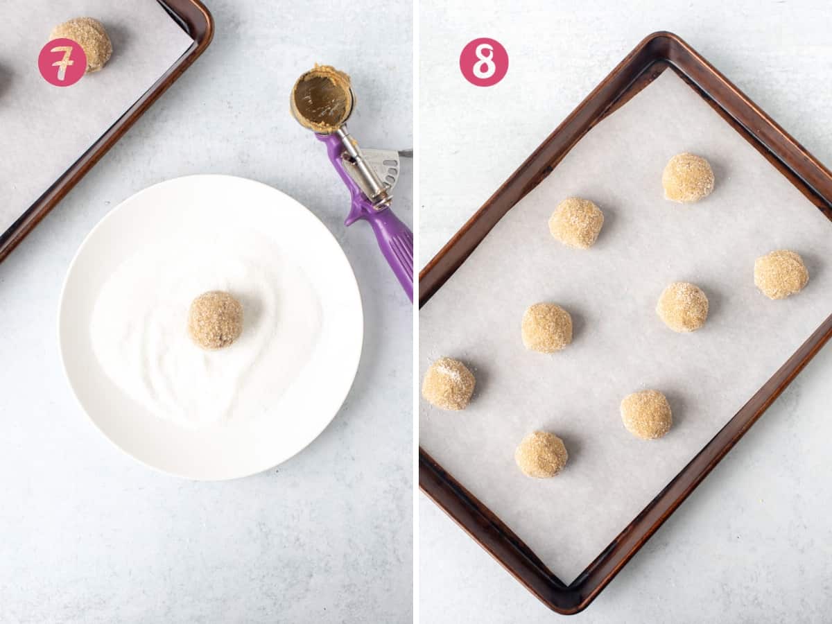 Cookie dough ball rolled in sugar on a plate and tray of gingersnap cookie dough balls