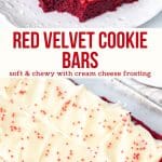 These red velvet cookie bars are soft and chewy with a delicious red velvet flavor and tangy cream cheese frosting. These cookie bars are essentially a big batch of red velvet sugar cookies. #redvelvet #cookiebars #creamcheesefrosting #redvelvetcookies #christmasrecipes #valentinesdayrecipes