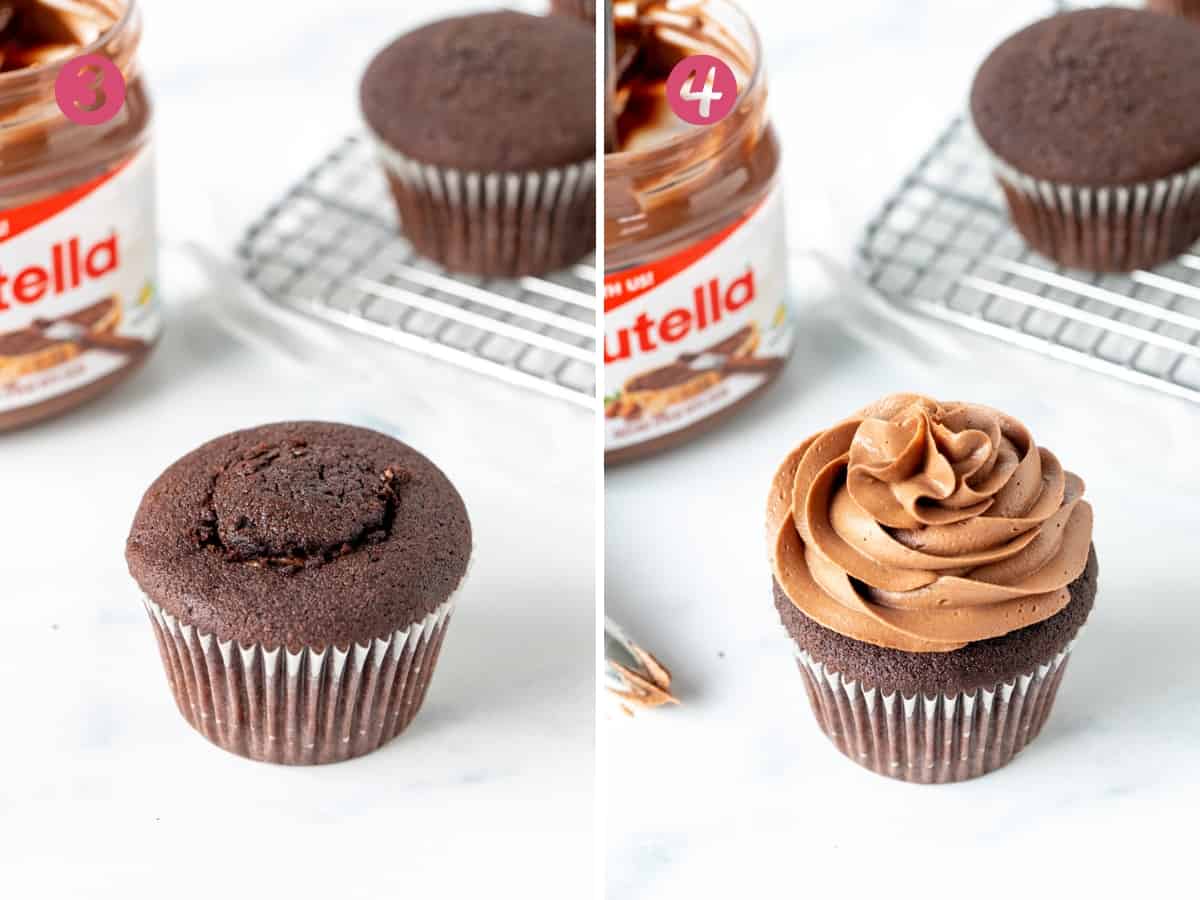Stuffed Nutella cupcake without frosting, and stuffed Nutella cupcake with Nutella frosting