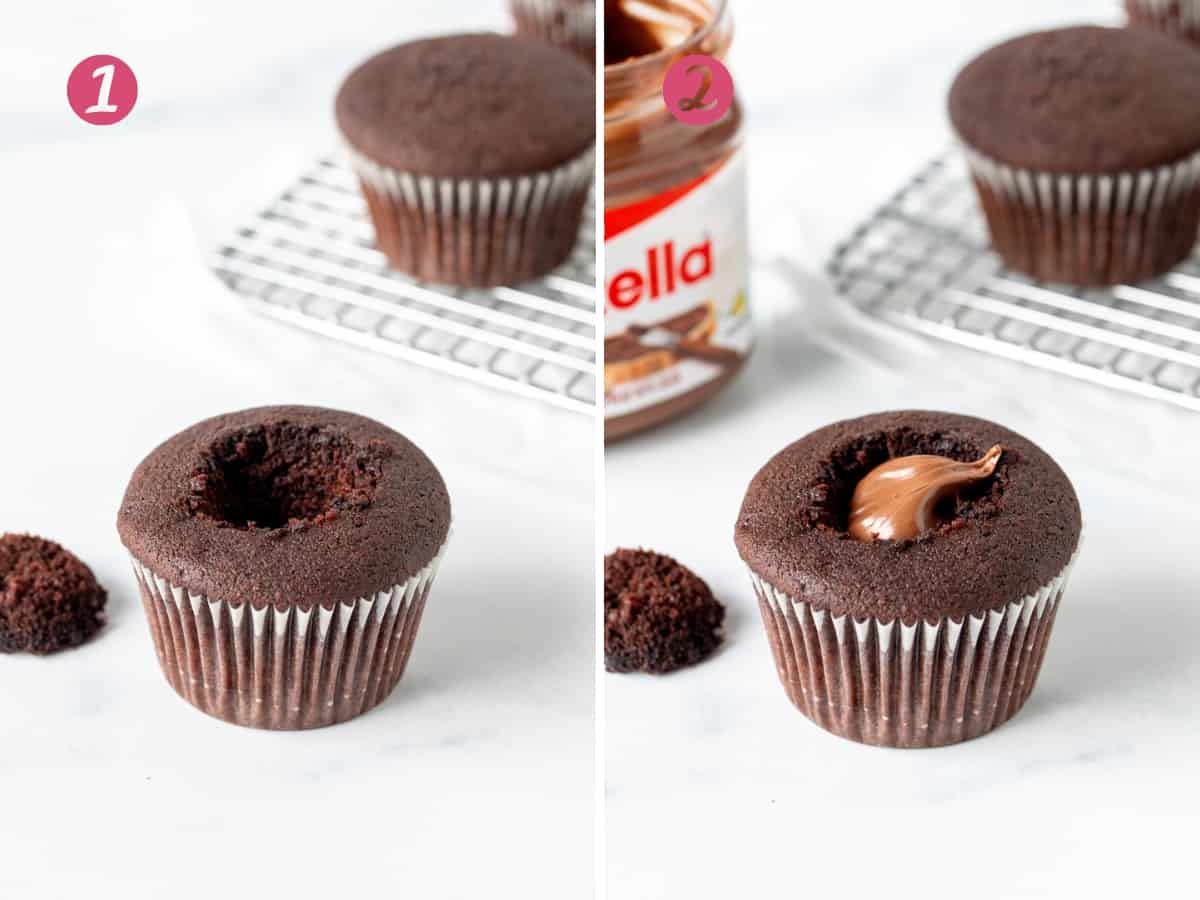 Chocolate cupcake with hole cut out, and cupcake with hole filled with Nutella