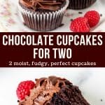 Learn how to make chocolate cupcakes for two. This easy recipe makes just two perfect chocolate cupcakes that are moist and fudgy with a delicious chocolate flavor and creamy chocolate frosting. Perfect for Valentine's Day - or whenever you want to treat someone special! #chocolatecupcakes #cupcakesfortwo #valentinesday #recipe #chocolatecupcakesfortwo #smallbatchcupcakes from Just So Tasty