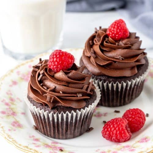 Two chocolate cupcakes on a plate with glass of milk