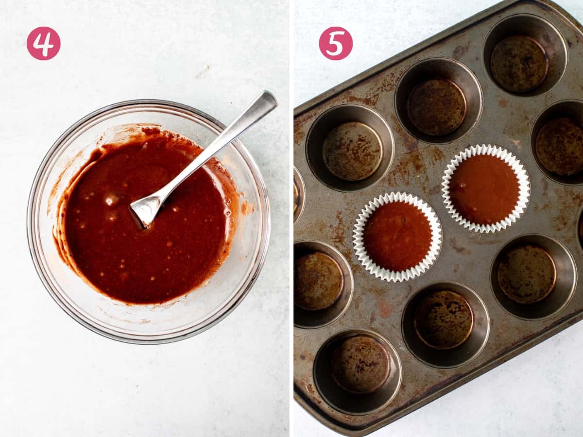 Small bowl of chocolate cupcake batter and two unbaked chocolate cupcakes in muffin pan