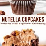 These Nutella cupcakes are the ultimate recipe for Nutella lovers. Moist chocolate cupcakes are stuffed with a dollop of Nutella and decorated with the creamiest Nutella frosting. #nutella #cupcakes #nutellastuffedcupcakes #nutellafrosting #chocolatecupcakes #Nutellarecipes from Just So Tasty
