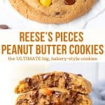 These are Reese's Pieces peanut butter cookies are the ULTIMATE peanut butter cookies. They're soft, chewy, pudgy, extra thick and packed with peanut butter, peanut butter candies and chocolate chips. This recipe makes big, bakery-style cookies. #reesepieces #peanutbuttercookies #peanutbutter #recipe #cookies #chocolatechip from Just So Tasty