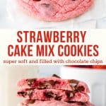 These strawberry cake mix cookies are soft, chewy, a little gooey and filled with chocolate chips. They have a delicious strawberry flavor and the pretty pink color makes them perfect for Valentine's Day. You'll love how quick and easy they are to make. #cakemix #strawberry #chocolatechip #valentinesday #cakemixcookies from Just So Tasty
