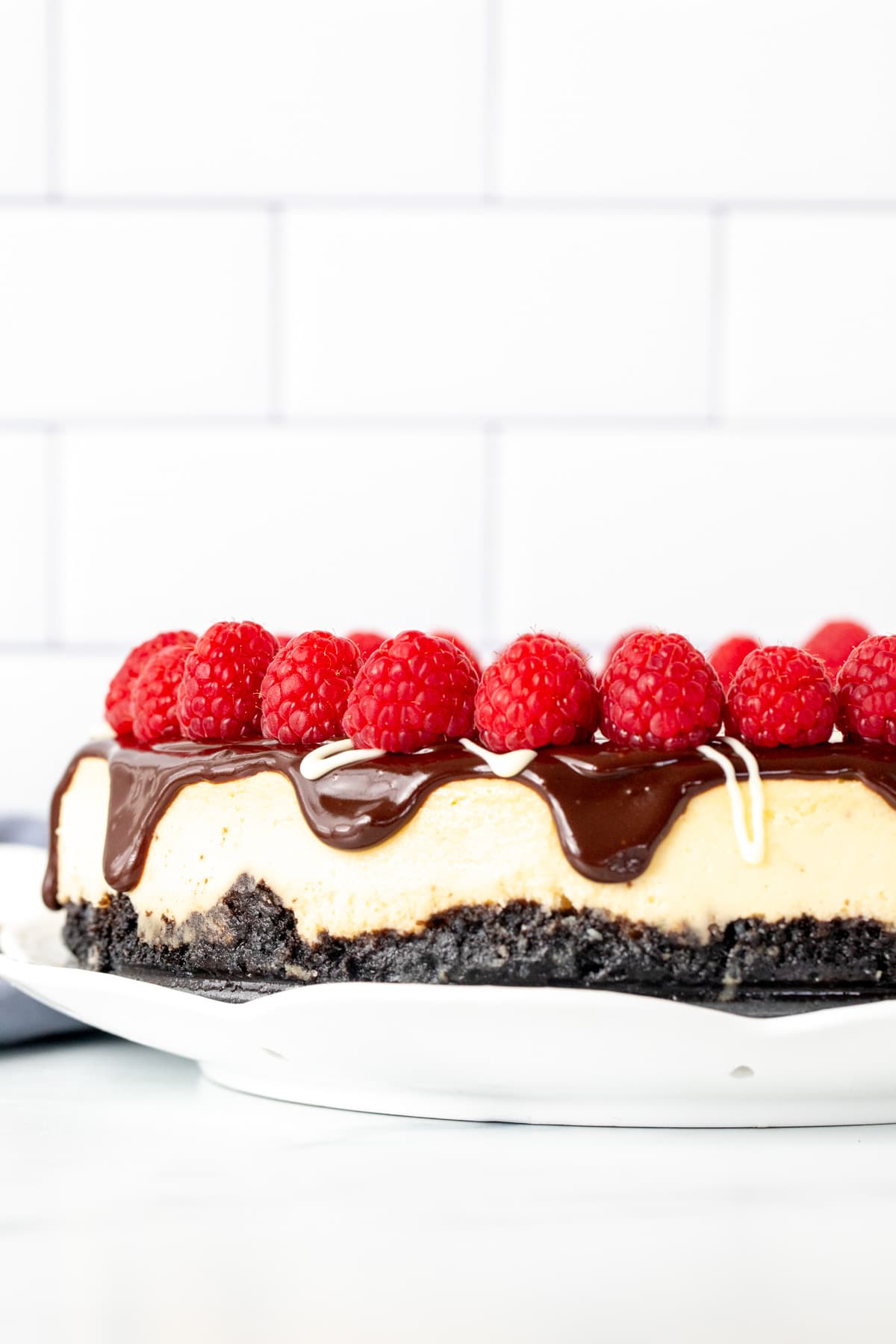 9-inch round white chocolate cheesecake with chocolate topping and raspberries
