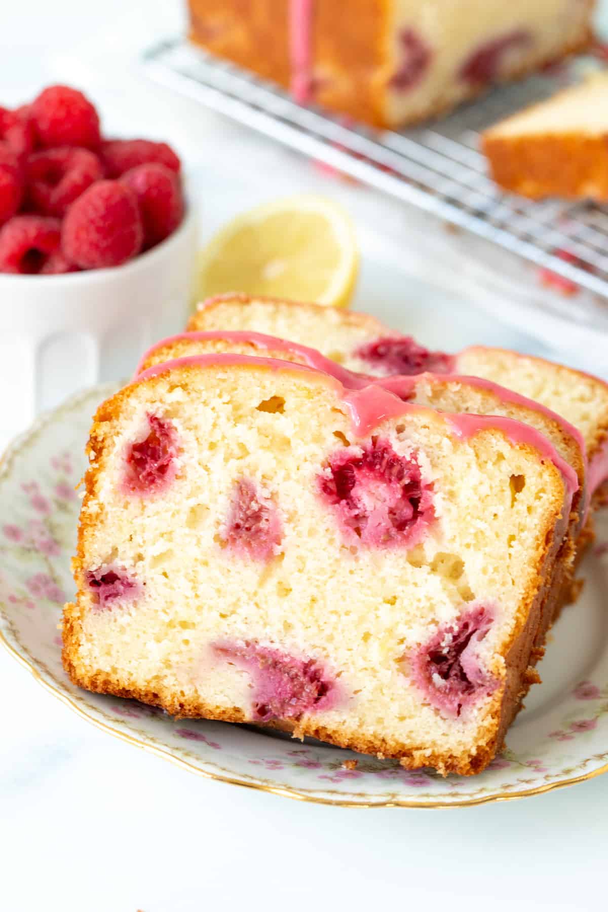 Slices of lemon raspberry loaf on a plate