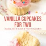 Need a last minute dessert? Or a birthday treat without any leftovers? Learn how to make vanilla cupcakes for two. This recipe will give you just two moist and fluffy vanilla cupcakes with creamy vanilla frosting. No leftovers, just two perfect cupcakes. #cupcakes #vanillacupcakes #cupcakesfortwo #recipe #twocupcakes from Just so Tasty