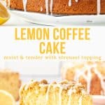 Moist lemon cake with crunchy crumble topping and sweet lemon glaze. This lemon coffee cake is bursting with bright lemon and perfect for brunch. You'll love the moist, tender cake crumb and delicious lemon flavor. #lemoncake #coffeecake #streusel #lemoncoffeecake #lemoncrumbcake #recipe from Just So Tasty