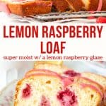 This delicious lemon raspberry loaf is moist and tender with a bright lemon flavor and tons of raspberries dotted throughout. It's topped with a lemon raspberry glaze that makes this bread absolutely beautiful. #lemonloaf #lemonraspberr #raspberrybread #lemonloaf #recipe from Just So Tasty