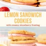 These lemon sandwich cookies with strawberry frosting are soft, chewy and bursting with flavor. You get two chewy lemon cookies with strawberry buttercream in the middle that's made from real berries. Perfect for spring! #lemoncookies #lemonsandwichcookies #lemonstrawberry #strawberryfrosting #spring from Just So Tasty