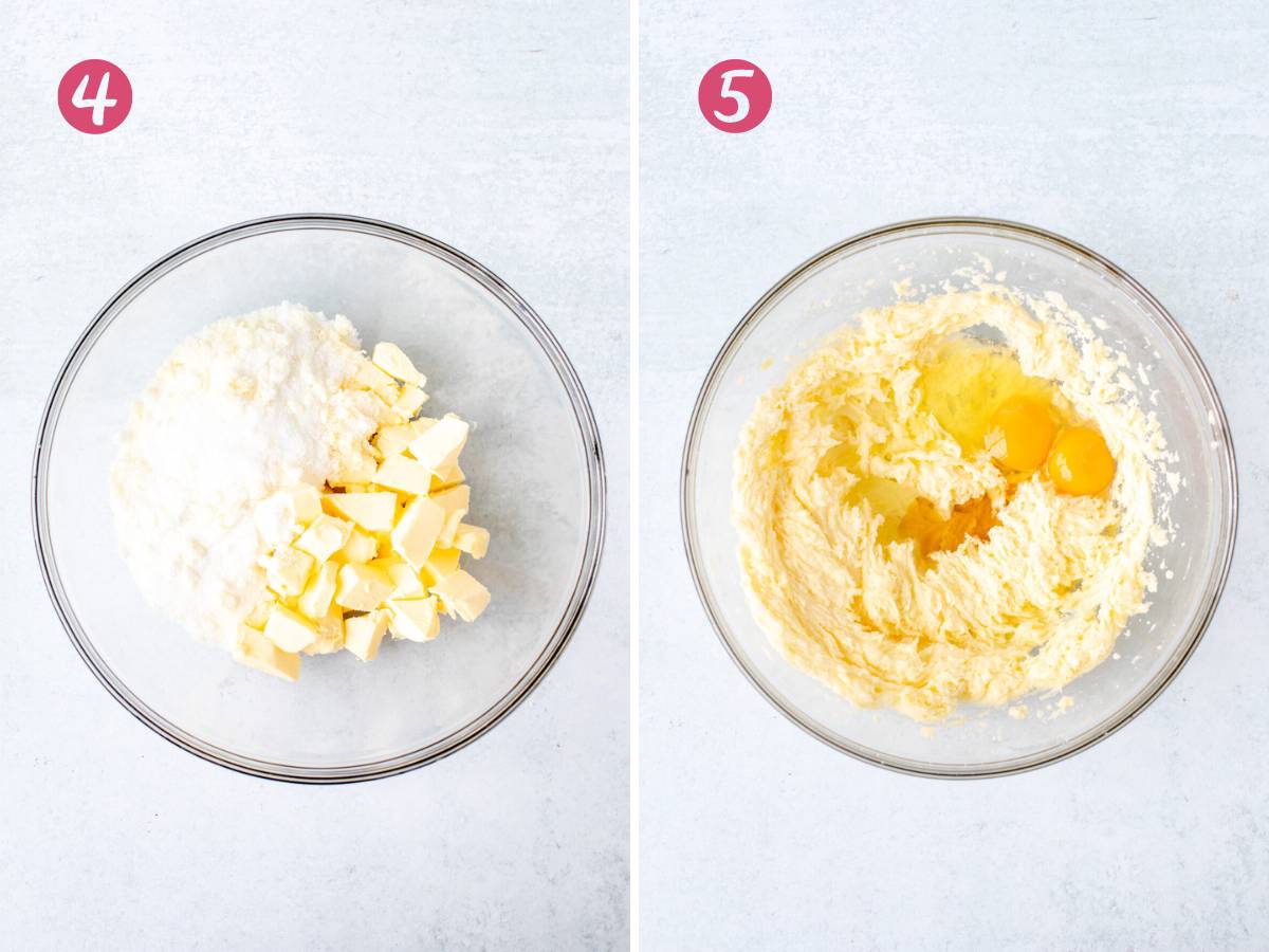 Bowl of cubed butter and sugar and bowl of butter and sugar mixed together with egg and egg yolk added.