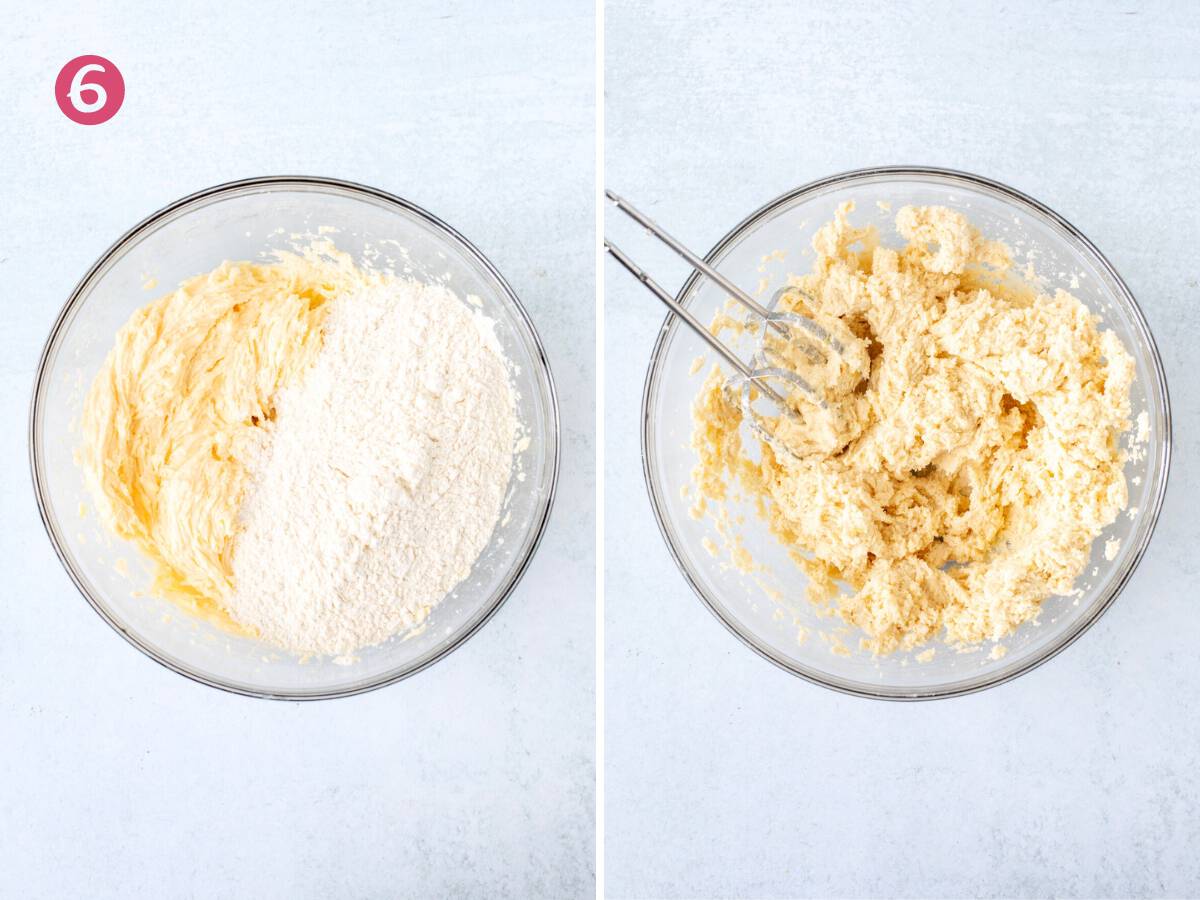 Bowl of dry ingredients added to butter and egg mixture, and bowl of lemon sugar cookie dough