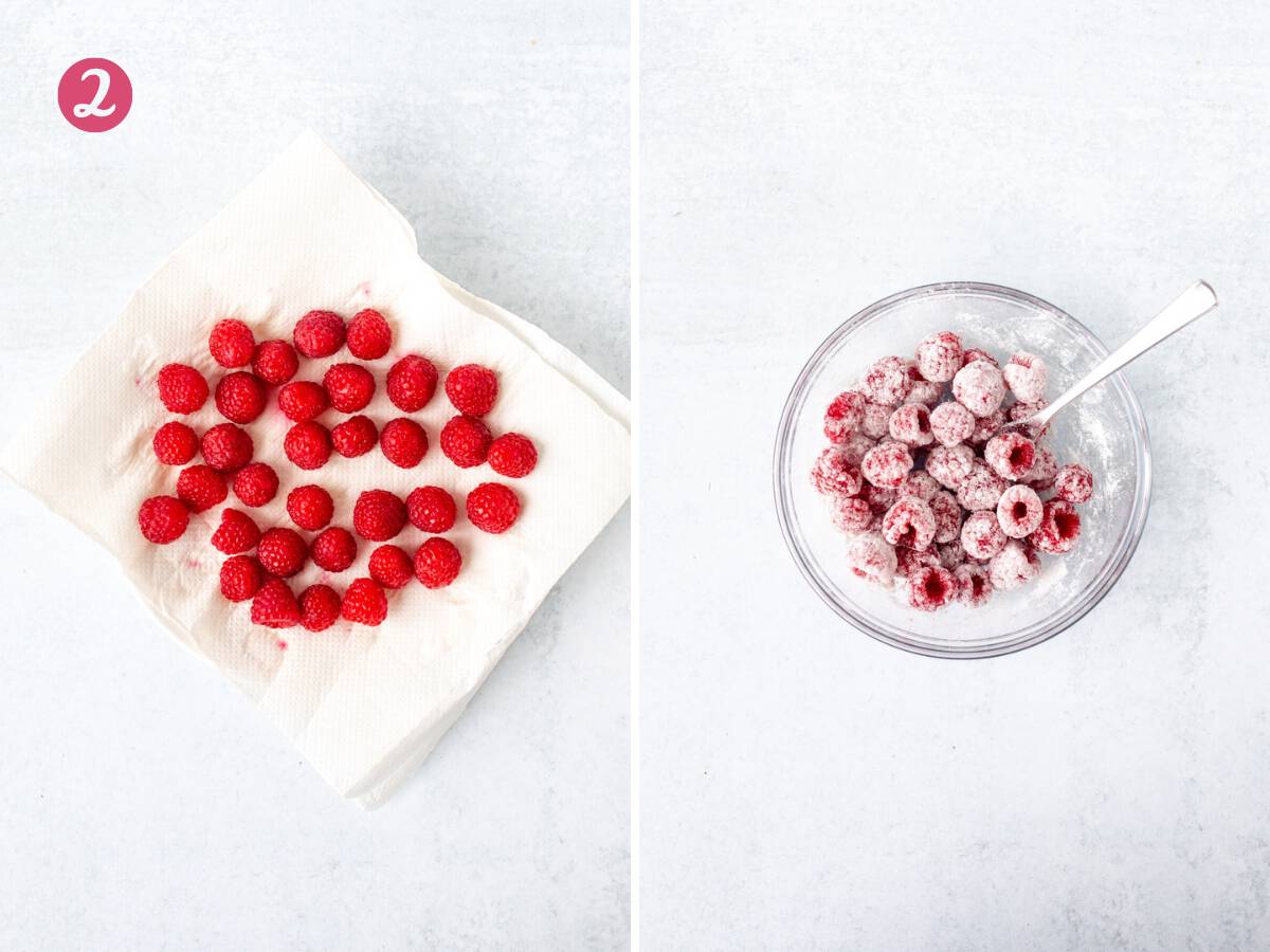 Raspberries on a piece of paper towel, and small bowl of raspberries tossed in flour