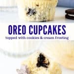 These Oreo cupcakes are the perfect recipe for anyone who loves cookies and cream! Tender, fluffy white cupcakes filled with cookie pieces and topped with the fluffiest, creamiest Oreo frosting. These rival anything from a fancy bakery - but are surprisingly simple to make. #oreo #cupcakes #oreofrosting #oreocupcakes #cookiesandcream #recipe from Just So Tasty