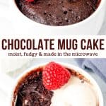 This chocolate mug cake is moist, fudgy, a little gooey and perfect for when your chocolate craving hits. It's ready in minutes and made in the microwave. Serve with a scoop of ice cream for the perfect chocolate treat. 