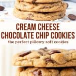 Get ready for the softest, chewiest, melt in your mouth cookies ever. These cream cheese chocolate chip cookies are perfect for anyone who loves tender cookies that are packed with chocolate chips and extra thick. The recipe is super simple to make and there's no need to chill the dough! #chocolatechip #cookies #chocolatechipcookies #softcookies #chewy #chewychocolatechipcookies #recipe #cookierecipe from Just So Tasty