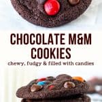 These M&M chocolate cookies are super fudgy and loaded with chocolate chips and M&Ms. They have a deliciously rich chocolate flavor and almost gooey centers. The recipe comes together with very little effort and there's no need to chill the dough! #cookies #chocolate #M&M #chocolatecookies #chocolatem&mcookies #mandm from Just So Tasty