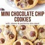 Soft, chewy, completely adorable - these mini chocolate chip cookies are impossible to resist. The recipe is incredibly easy and there's no need to chill the dough. Grab your glass of milk, because these chocolate chip cookie bites are perfect for snacking. #cookies #minicookies #chocolatechipcookies #minichocolatechipcookies #bitesizedcookies from Just So Tasty