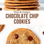 These thin and crispy chocolate chip cookies have a delicious caramel flavor, hint of sea salt and perfectly golden edges. If you like your cookies paper thin with crispy edges and a slight crunch - then you'll love these! #cookies #thin #crispy #chocolatechip #recipe #crispycookies from Just So Tasty