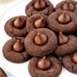 plate of chocolate cookies with Hershey's chocolate kiss on top