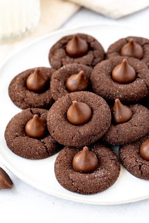 plate of chocolate cookies with Hershey's chocolate kiss on top