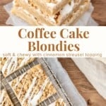 These coffee cake blondies have everything you love about your favorite coffee cake or crumb cake recipe, but in a blondie! Soft and chewy blondies, crunchy cinnamon streusel topping and a drizzle of sweet vanilla glaze.