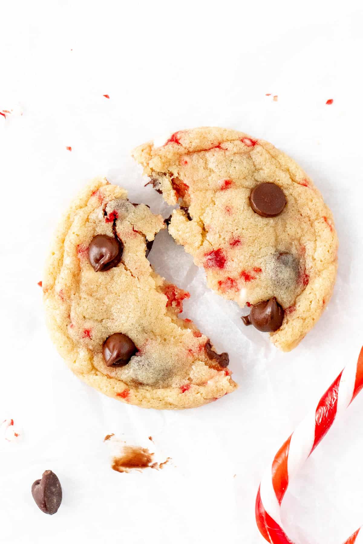 Peppermint chocolate chip cookie, broken in half