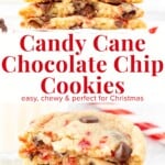For an easy, Christmas cookie recipe - make these candy cane chocolate chip cookies. They're soft and chewy with crushed candy canes and tons of chocolate chips. The candy canes make these cookies look extra pretty on your cookie tray. No chilling required!