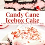 For an easy, holiday dessert - make this candy cane icebox cake! It has layers of creamy peppermint filling alternating with Oreo cookies. Then it's topped with whipped cream, crushed candy canes and chocolate drizzle. The perfect no-bake Christmas dessert.