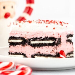 Slice of candy cane icebox cake