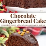 This chocolate gingerbread cake is incredibly moist with rich cocoa, warm spices and molasses. It's topped with a drizzle of chocolate ganache, but is equally delicious with a sprinkle of powdered sugar on top. It's perfect for the holidays!