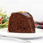 Slice of chocolate gingerbread bundt cake