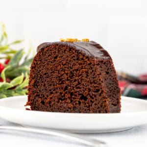Slice of chocolate gingerbread bundt cake