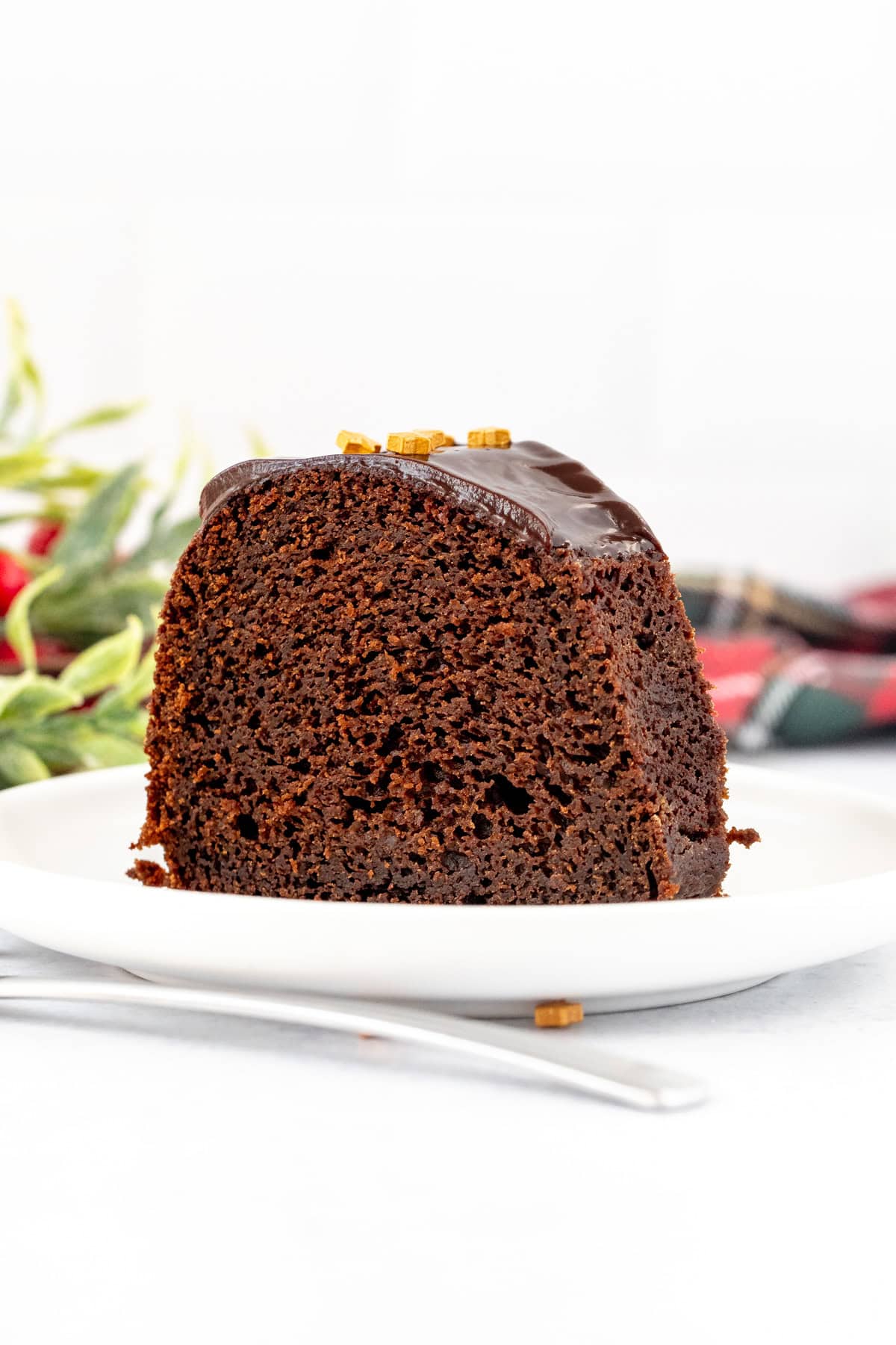 Slice of chocolate gingerbread bundt cake