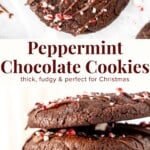 These chocolate peppermint cookies are the perfect Christmas cookie for chocolate lovers. They're thick and fudgy with a rich chocolate flavor, hint of peppermint and tons of chocolate chips. After the cookies are baked and cooled, they're drizzled with a little extra chocolate and a sprinkle of crushed candy canes.