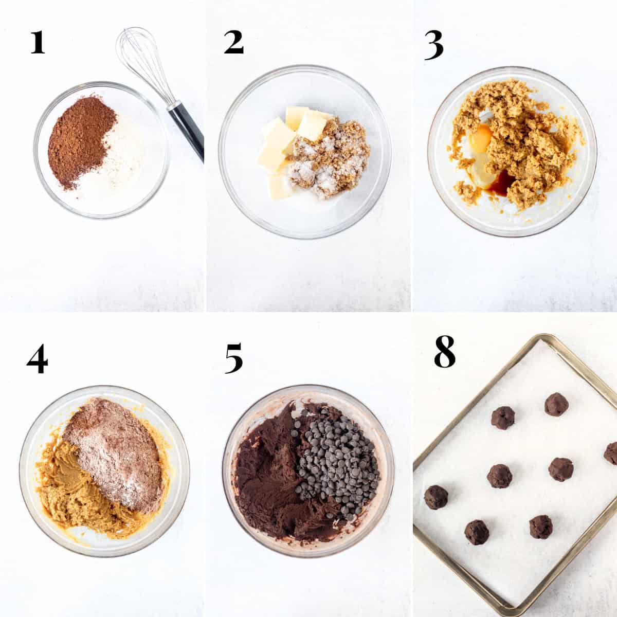 Collage showing step by step photos of how to make chocolate peppermint cookies