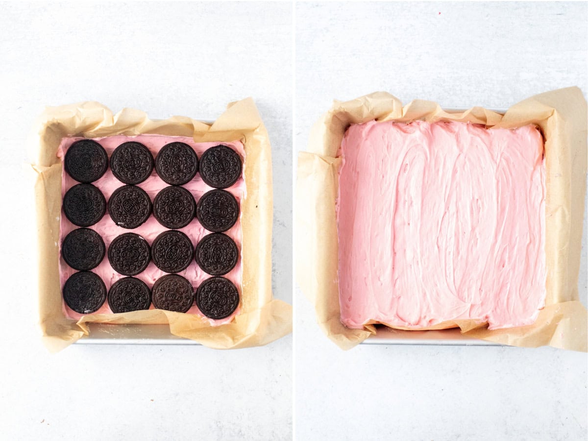 Pan showing peppermint icebox cake, with layers of Oreo cookies and then with the pink peppermint filling