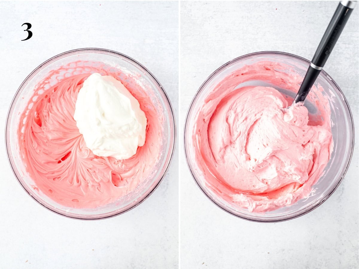Collage of 2 photos, showing folding the whipping cream into the pink cream cheese mixture.