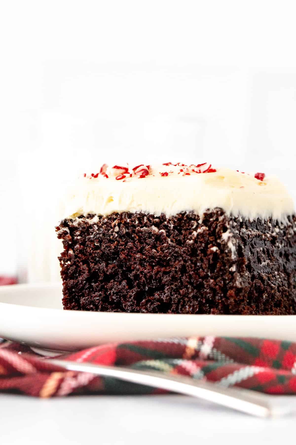 Slice of chocolate cake with white chocolate peppermint frosting and crushed candy canes on top