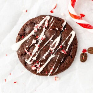 Peppermint mocha cookie, drizzled with shite chocolate and sprinkled with crushed candy canes