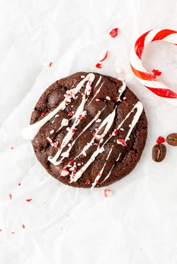 Peppermint mocha cookie, drizzled with shite chocolate and sprinkled with crushed candy canes