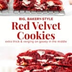 These bakery style red velvet cookies incredibly thick with slightly crispy edges and gooey centers. They have the perfect red velvet flavor and are oozing with so many chocolate chips.