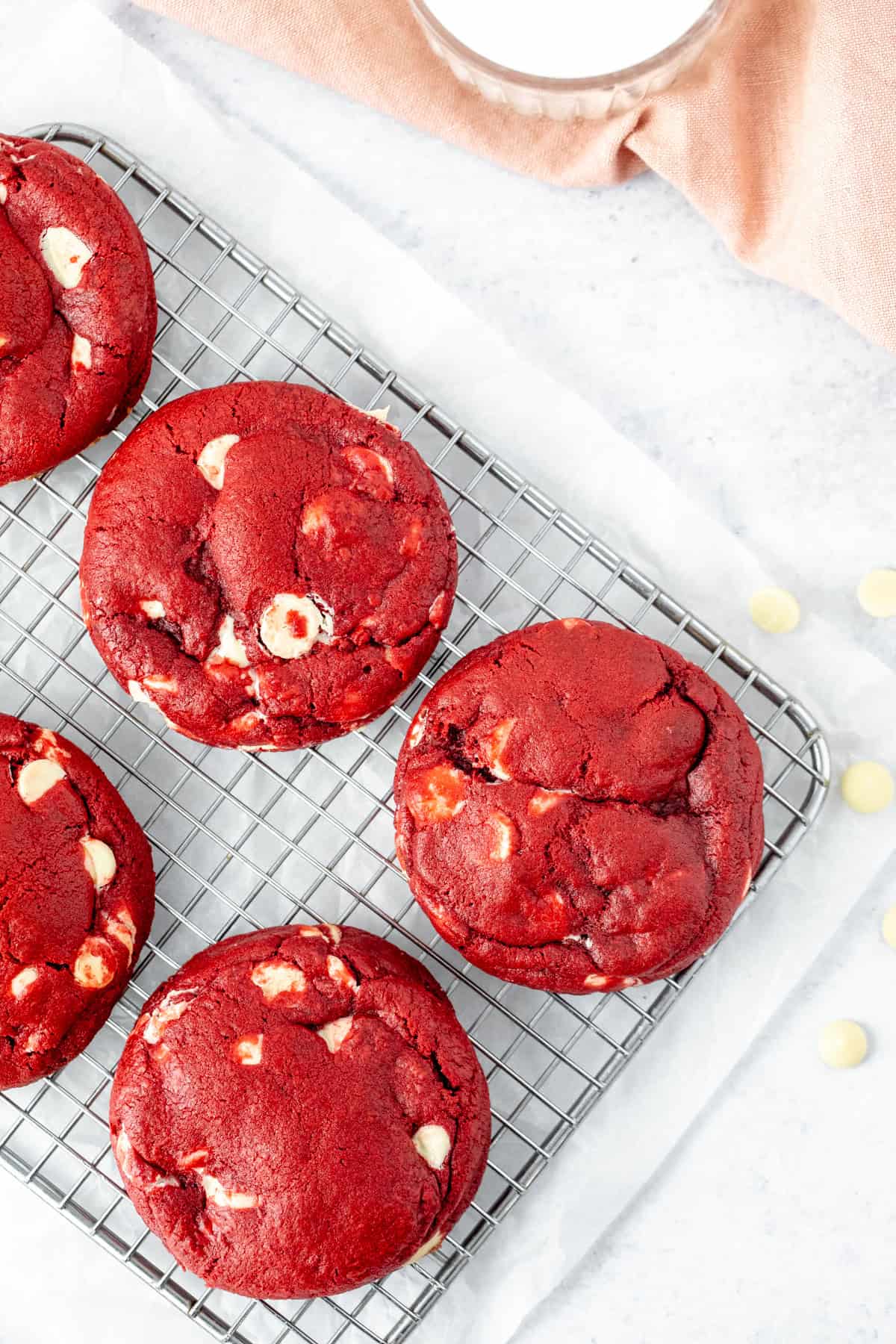red velvet cookies on a cooling rack