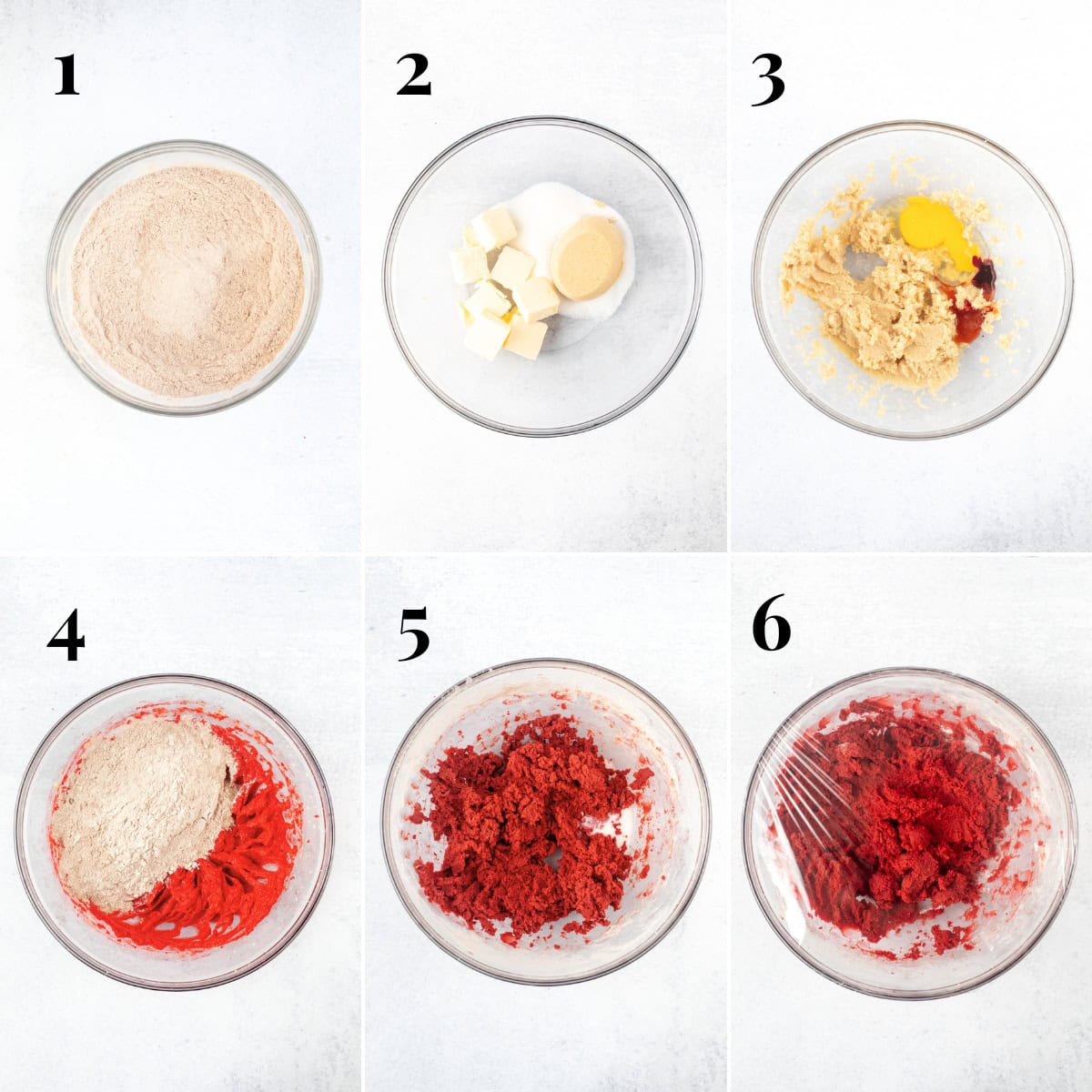 Collage showing step by step photos of how to make red velvet cookie dough