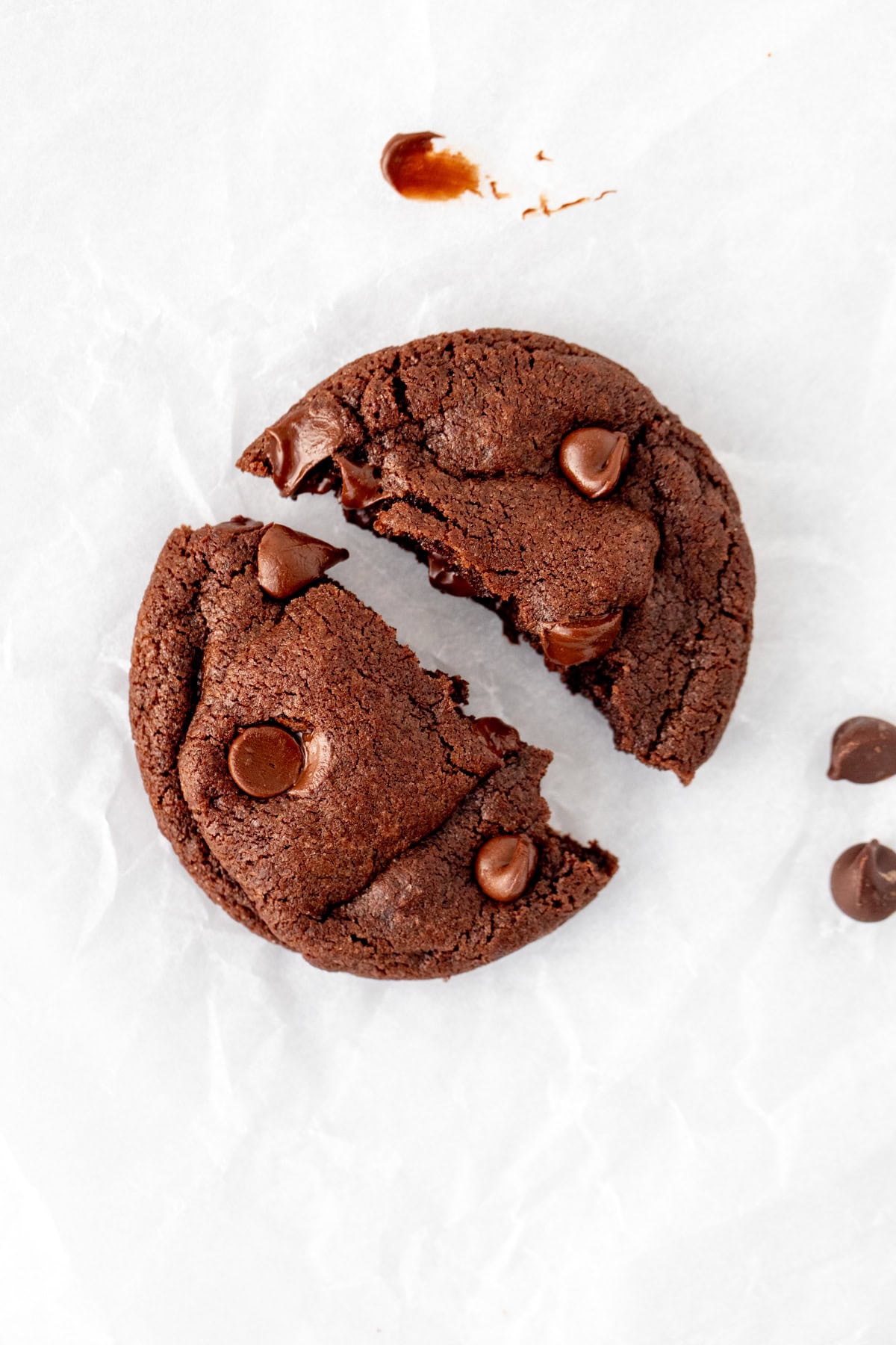 double chocolate cookie, made from small batch recipe, broken in half