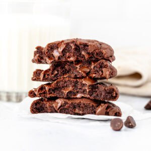 Small batch chocolate cookies, broken in half and stacked on top of one another