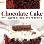 This fudgy chocolate cake is incredibly moist with a rich chocolate flavor. It's topped with creamy white chocolate frosting for the ultimate chocolate cake. Incredibly decadent and perfect for chocolate lovers!