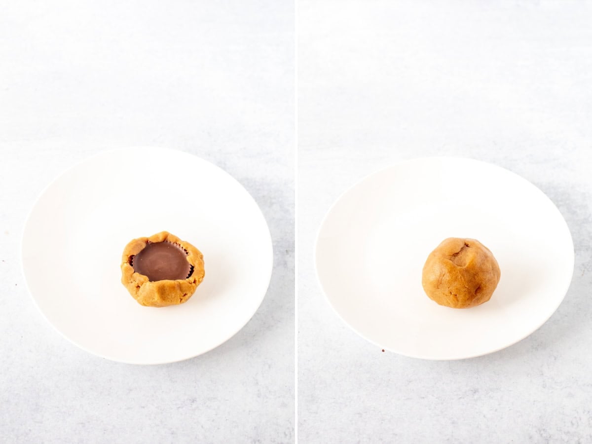 Collage showing 2 step photos of how to assemble Reese's stuffed cookies